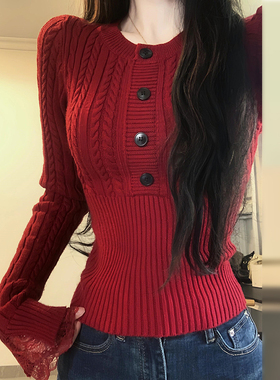 新年穿搭红色毛衣女款2025新款冬季慵懒高级感修身显瘦针织衫上衣
