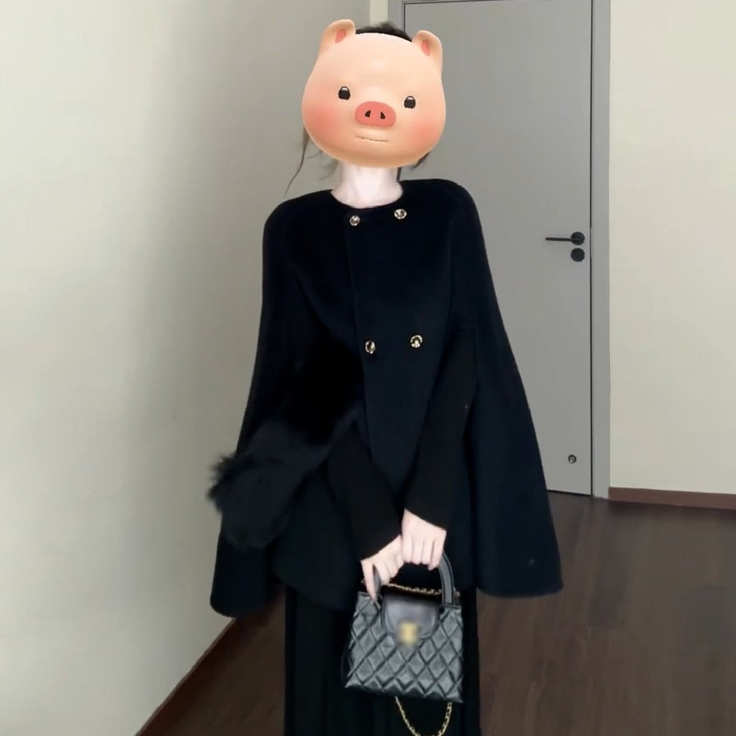 黑色高级感小香风miu系连衣裙子女秋冬2025新款斗篷披肩套装长裙