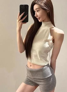 Angelapopewang 黑的王 灰色绒感针织短裤子女新款简约高级休闲裤