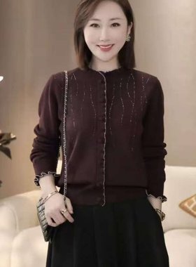 2026年秋季大码女装胖MM暗紫色针织开衫长袖优雅圆领纽扣百搭上衣