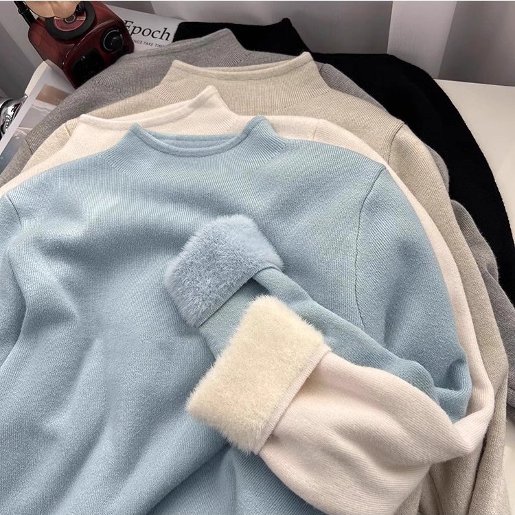 温柔加厚一体绒内搭保暖针织毛衣女秋冬款气质简约半高领打底上衣