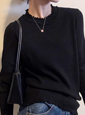 韩系灰色木耳边假两件针织打底衫女秋冬设计感修身显瘦内搭上衣厚