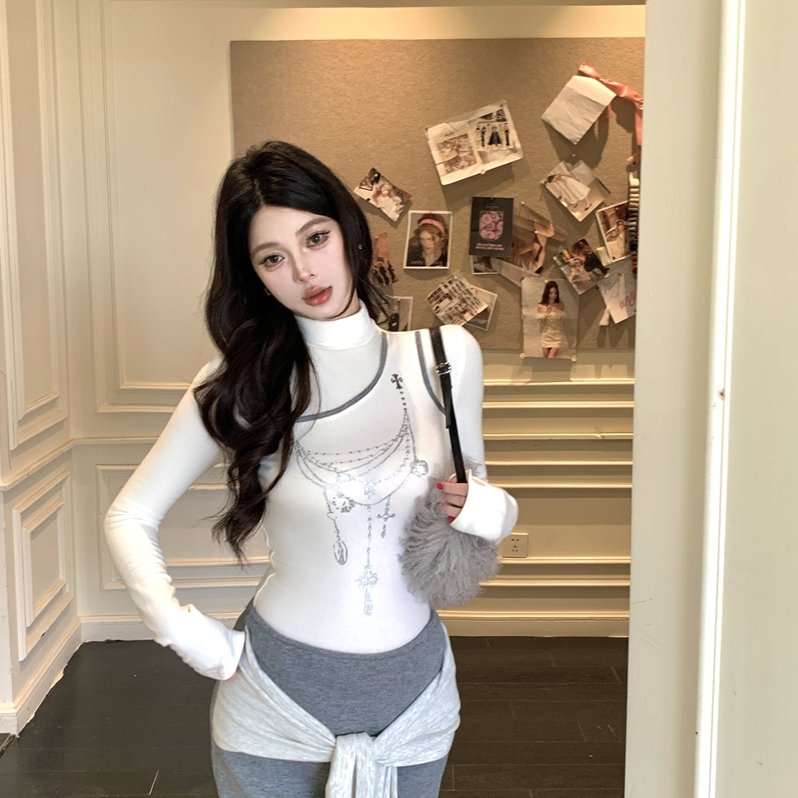 实拍实价冬季辣妹半高领印花撞色修身显瘦长袖正肩加绒打底衫上衣