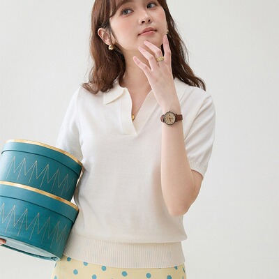 北岛AMUU韩系纯色翻v领短袖针织衫女夏季新款温柔显瘦上衣
