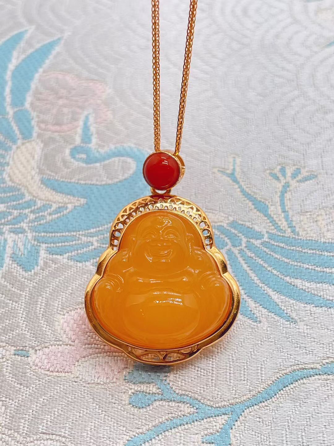 天然琥珀蜜蜡弥勒佛吊坠925银镀金镶嵌蜜蜡南红佛公中式国风礼物