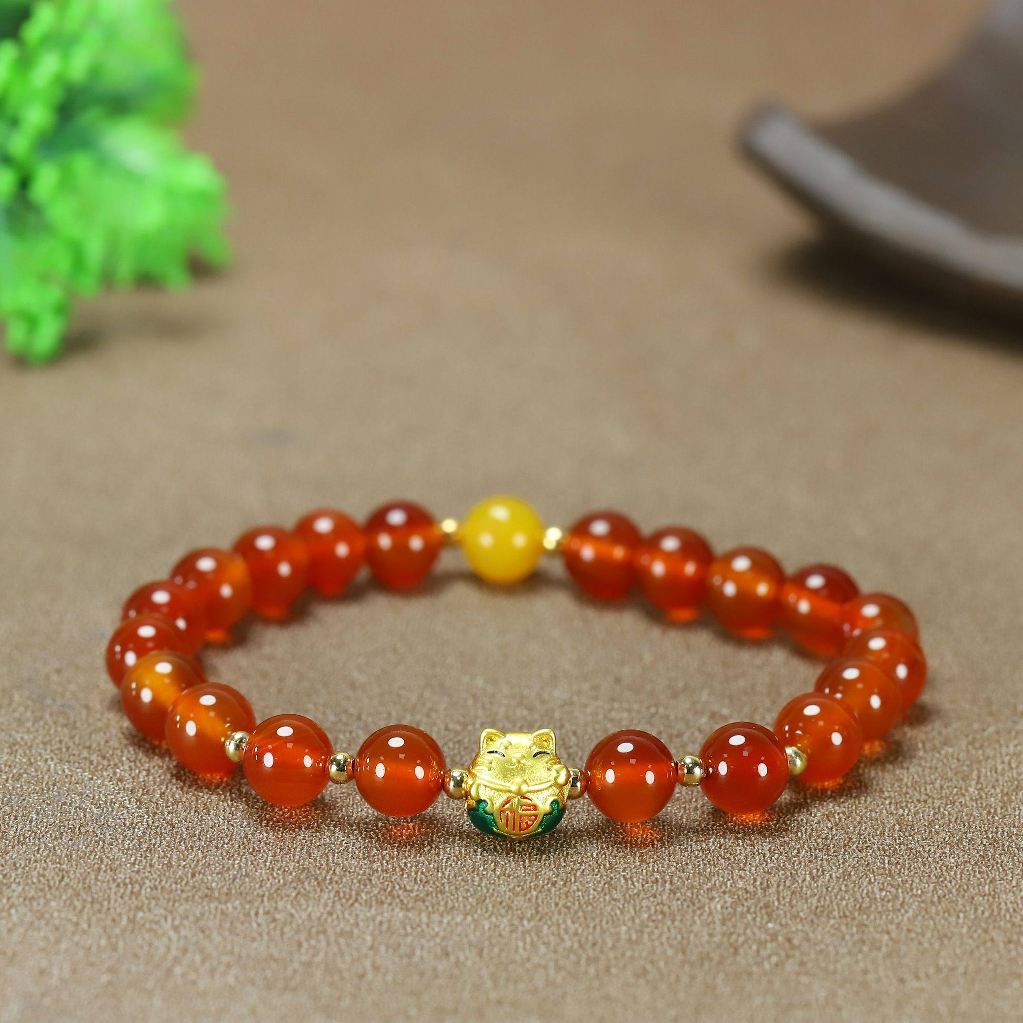 红玛瑙玉髓手串红色玉石圆珠单圈招财猫气质女士玉手链饰品转运珠