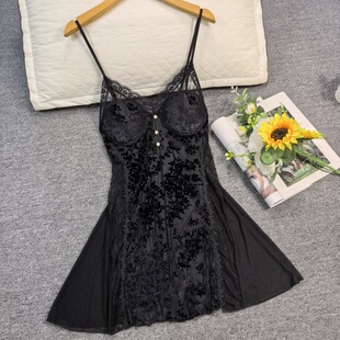 性感睡衣女款纯欲风春夏蕾丝固定胸垫露背吊带睡裙网纱美背短裙