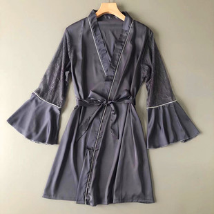 睡衣2021年新款冰丝绸睡袍女夏季薄款单件性感汉服外袍蕾丝晨袍