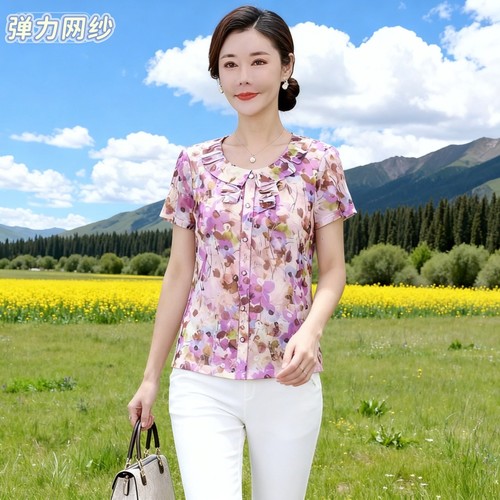 新款时尚中年洋气质女装上衣薄短袖速干透气弹力网纱妈妈夏装T恤