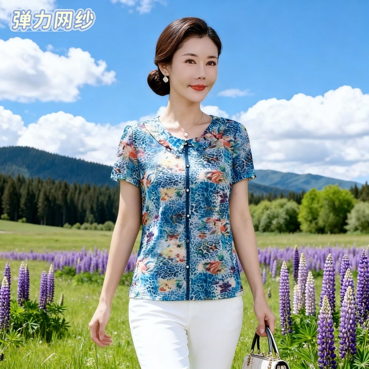 中年妈妈夏装短袖速干网纱衬衫