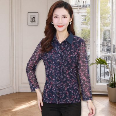 时尚中年妈妈春秋夏装2025新款长袖速干网纱衬衫50洋气女装上衣薄