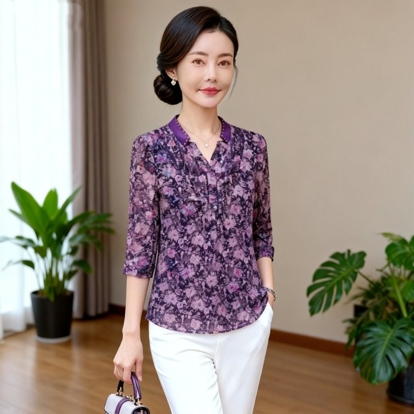 中老年女装七分袖中长T恤妈妈装春夏新款台湾网纱丝小衫上衣显瘦