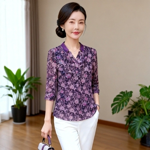 中老年女装七分袖中长T恤妈妈装春夏新款台湾网纱丝小衫上衣显瘦