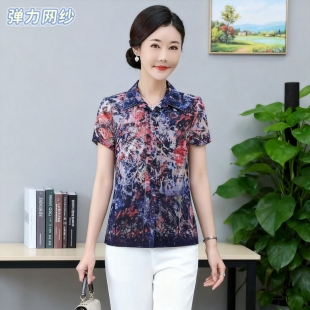 新款时尚中年女洋气质上衣薄短袖台湾网纱妈妈夏装木耳边速干衬衫