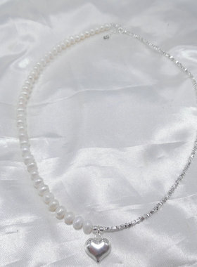 碎银几两925银半边天然珍珠爱心锁骨链项链原创设计女士简约57504