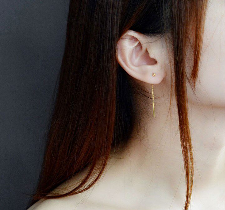 w欧美日韩简约钛钢镀金防过敏珠珠流苏耳钉耳线三种戴法耳环330