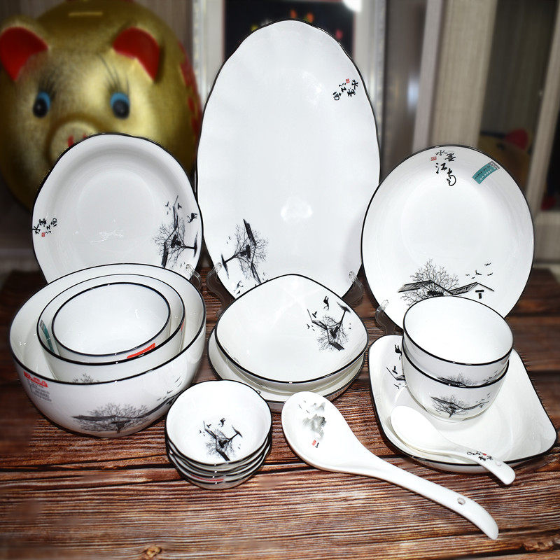 水墨江南家用陶瓷碗创意米饭碗汤碗陶瓷菜盘鱼盘四方盘餐具防烫碗,餐饮具,碗,淘宝优惠券,粉丝福利购,淘宝优惠卷