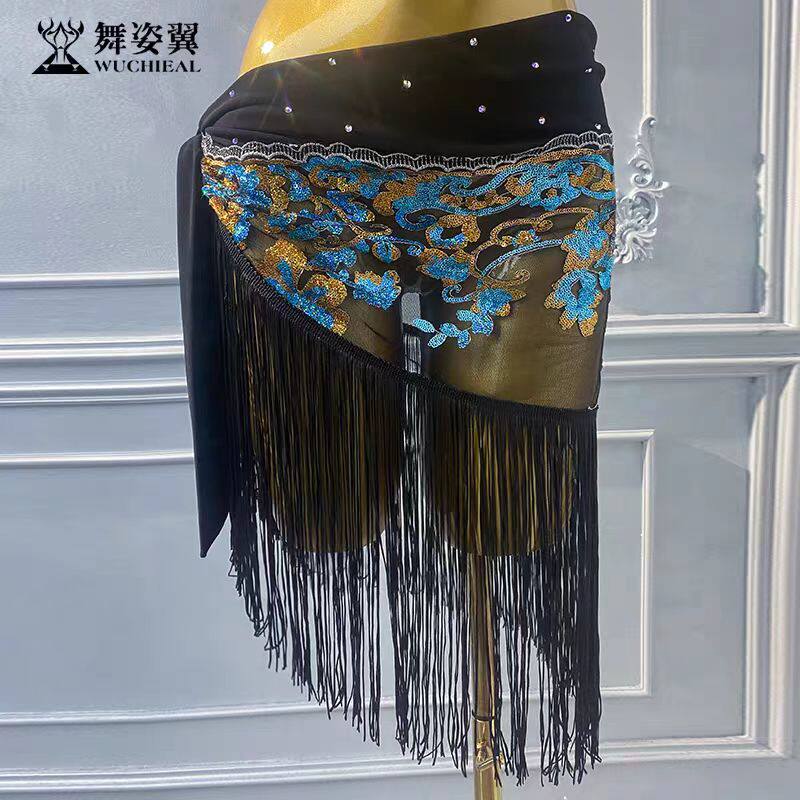 舞姿翼黑湖蓝色肚皮舞臀巾流苏
