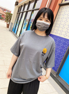 胸围126 韩版新款大码宽松双面图案刺绣笑脸短袖圆领T恤