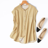 T恤衬衫 真丝双绉木耳领波点宽肩短袖 上衣女 显白黄色点点 减龄