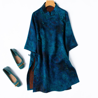 蓝眼泪奥黛桑蚕丝香云纱衬衫开叉