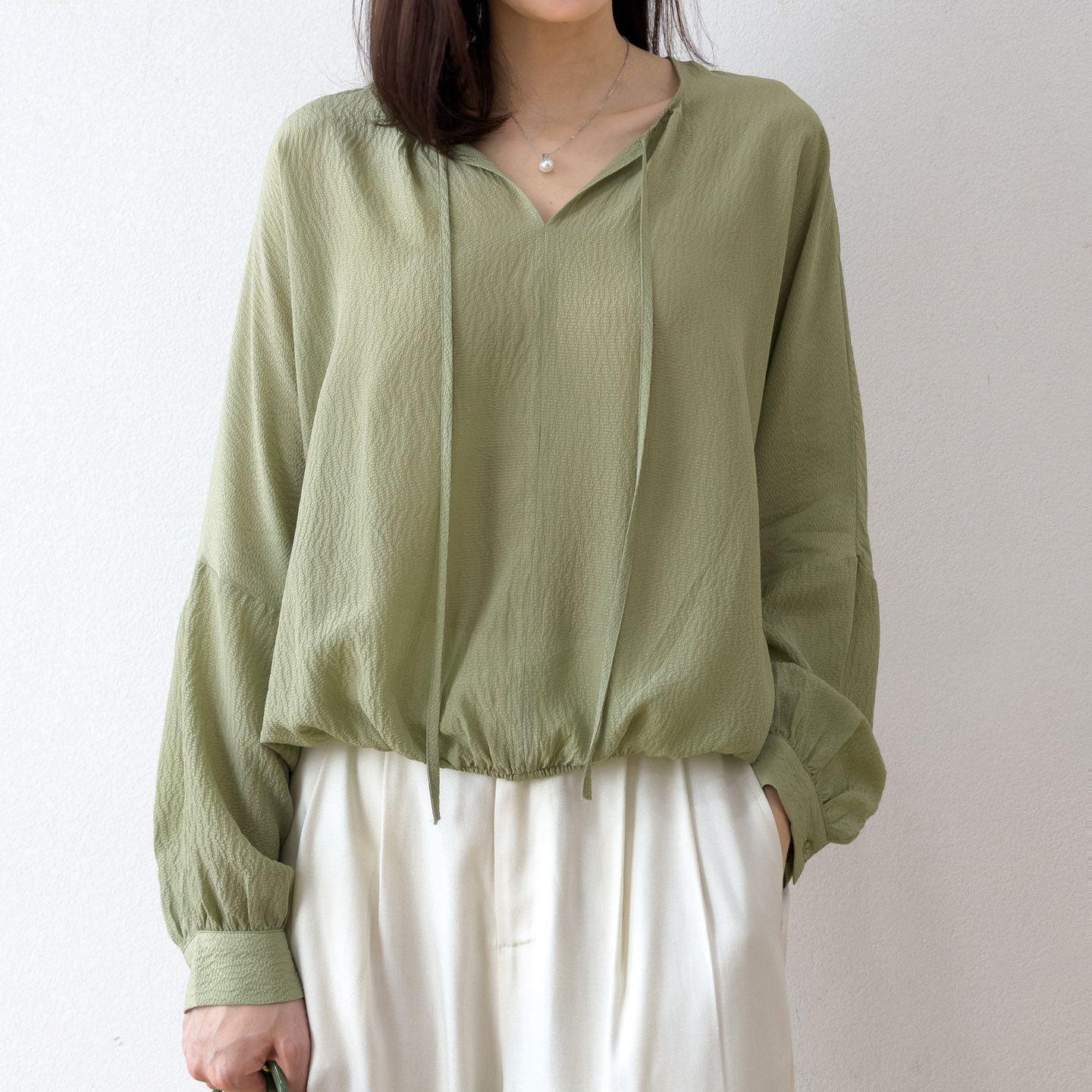 空气感桑蚕丝泡泡皱！绿色真丝泡泡绉防晒灯笼袖宽松衬衫罩衫上衣