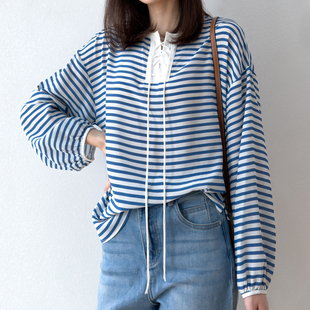 桑蚕丝自由水手条纹T恤!绑带蓝白色长袖宽松休闲双绉真丝上衣女