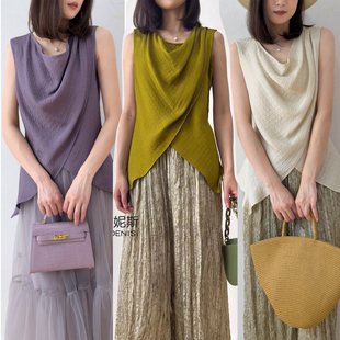 气质桑蚕丝背心 设计感冠乐绉无袖 灵动荡领真丝背心 耗料交叠式