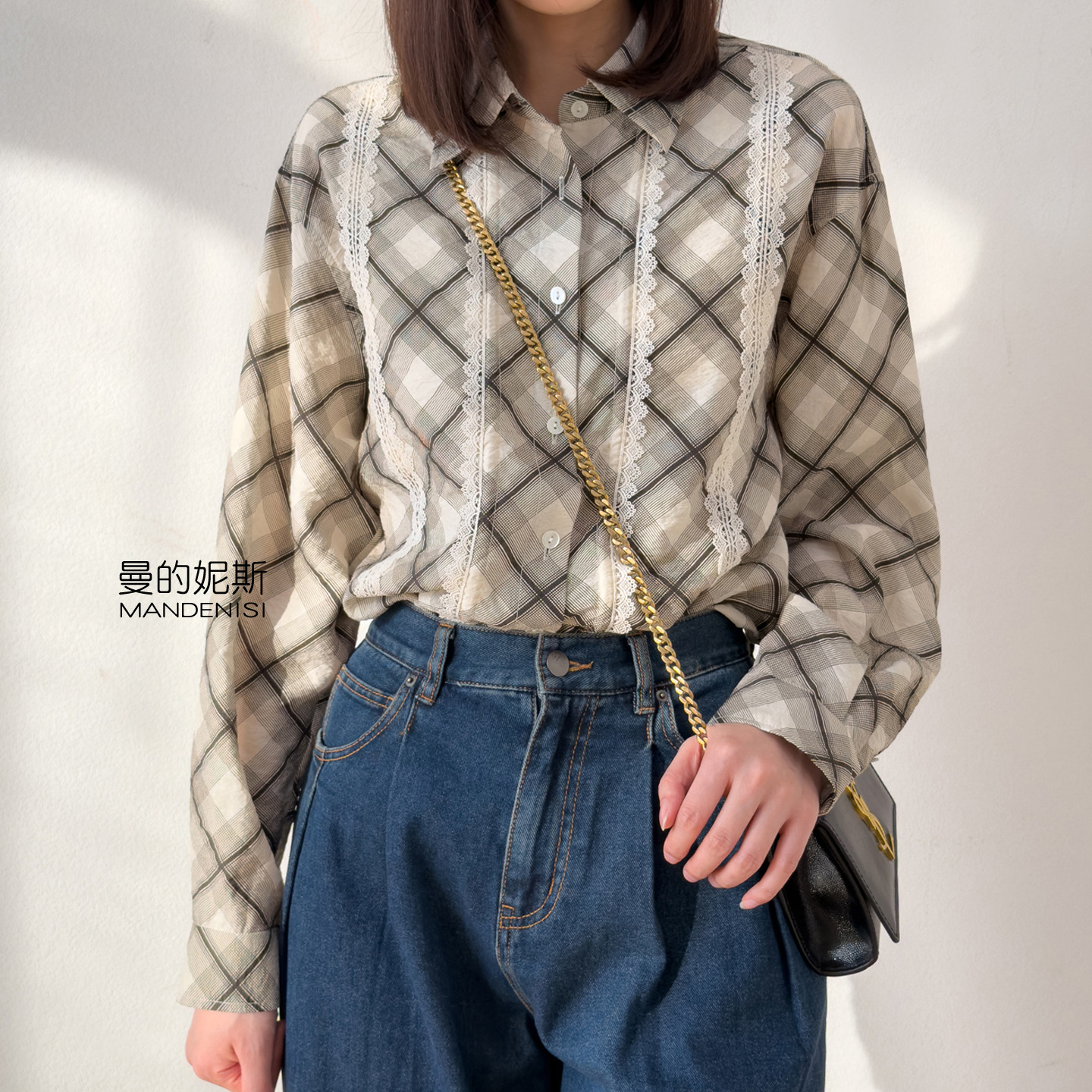 桑蚕丝设计感抽绳英伦格子小衫！真丝干丝蕾丝边长袖衬衫上衣女