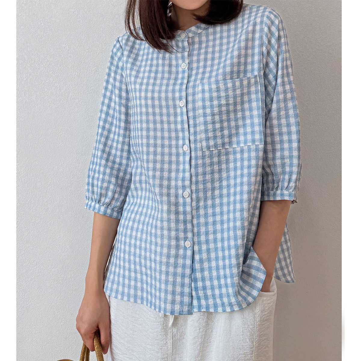 沁凉少女感！清爽干丝真丝蓝白格纹！七分袖宽松减龄衬衫开衫春夏
