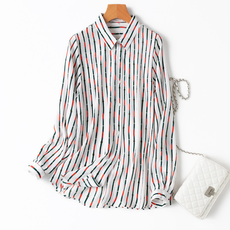 桑蚕丝hen显瘦竖条纹印花锁链纹真丝长袖衬衫女