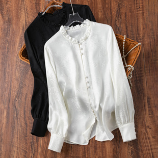宫廷风！亲肤真丝全孔罗！桑蚕丝木耳领长袖衬衫复古黑白衬衫打底