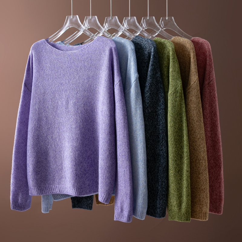 金纱线羊毛羊绒混纺圆领宽松毛衣