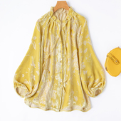 衬衫 靓丽宫廷风 活力黄奢华金线丝绒烂花真丝木耳领灯笼袖 复古秋