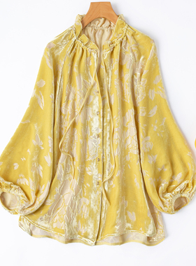 靓丽宫廷风！活力黄奢华金线丝绒烂花真丝木耳领灯笼袖衬衫复古秋