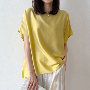 宽松一字领T恤连袖 蝙蝠袖 女 19姆米真丝弹力双乔缎两片式 及简风
