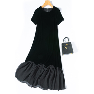 自带飘逸感的丝绒长裙!真丝圆领短袖宽松黑色连衣裙桑蚕丝鱼尾裙