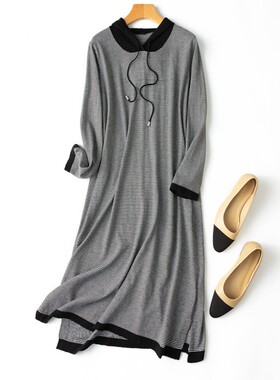 早秋刚需！桑蚕丝羊绒针织衫中长款卫衣连帽裙黑白条纹宽松连衣裙