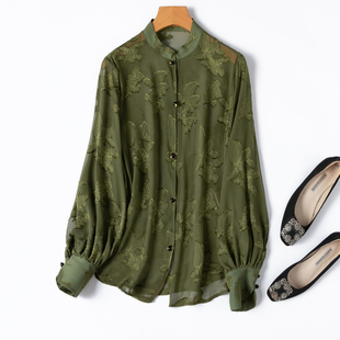 美美防晒！桑蚕丝真丝剪花绡半透视长袖灯笼袖立领衬衫文艺开衫