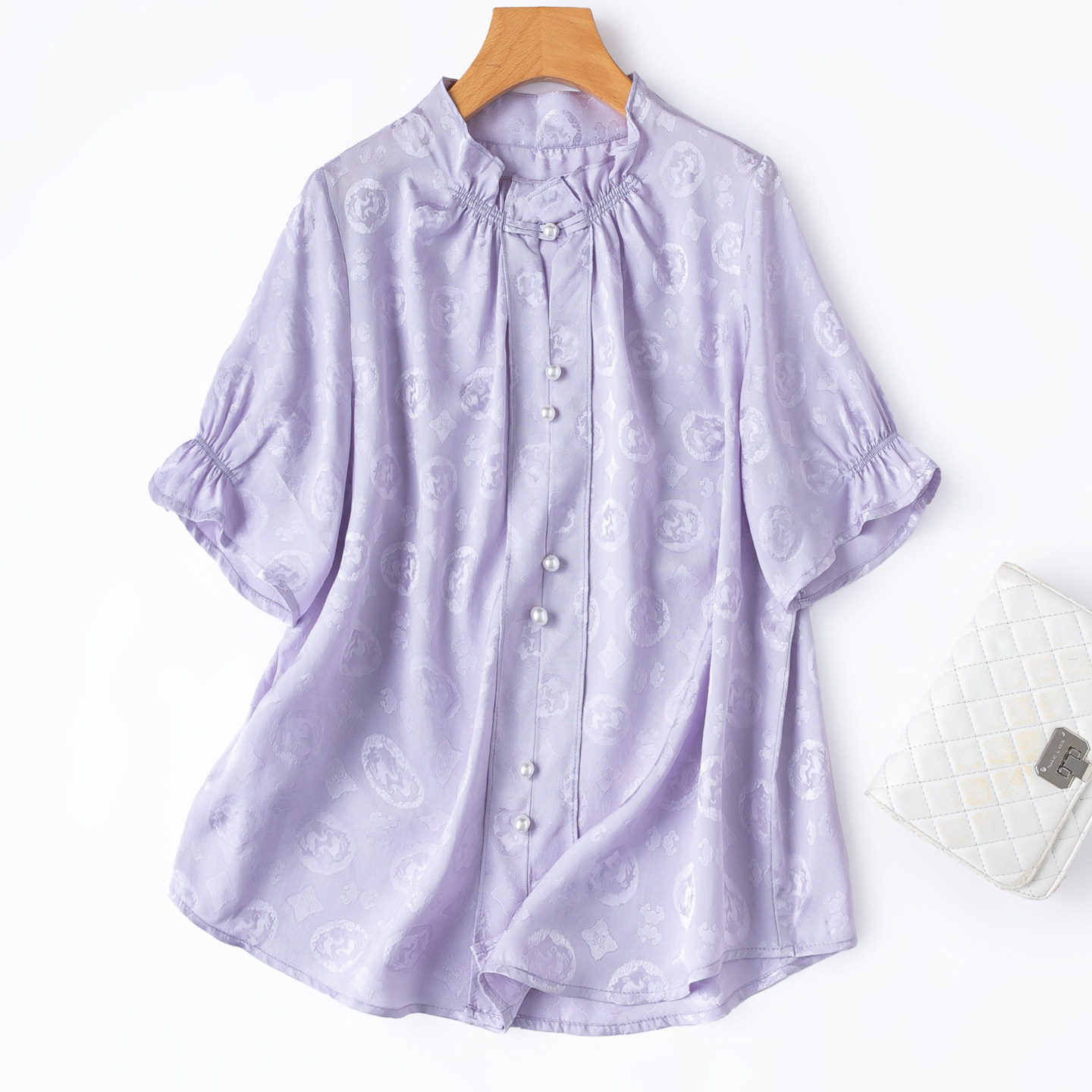 精美宫廷风“团窠对兽纹”透气全孔罗桑蚕丝短袖套头立领衬衫紫色