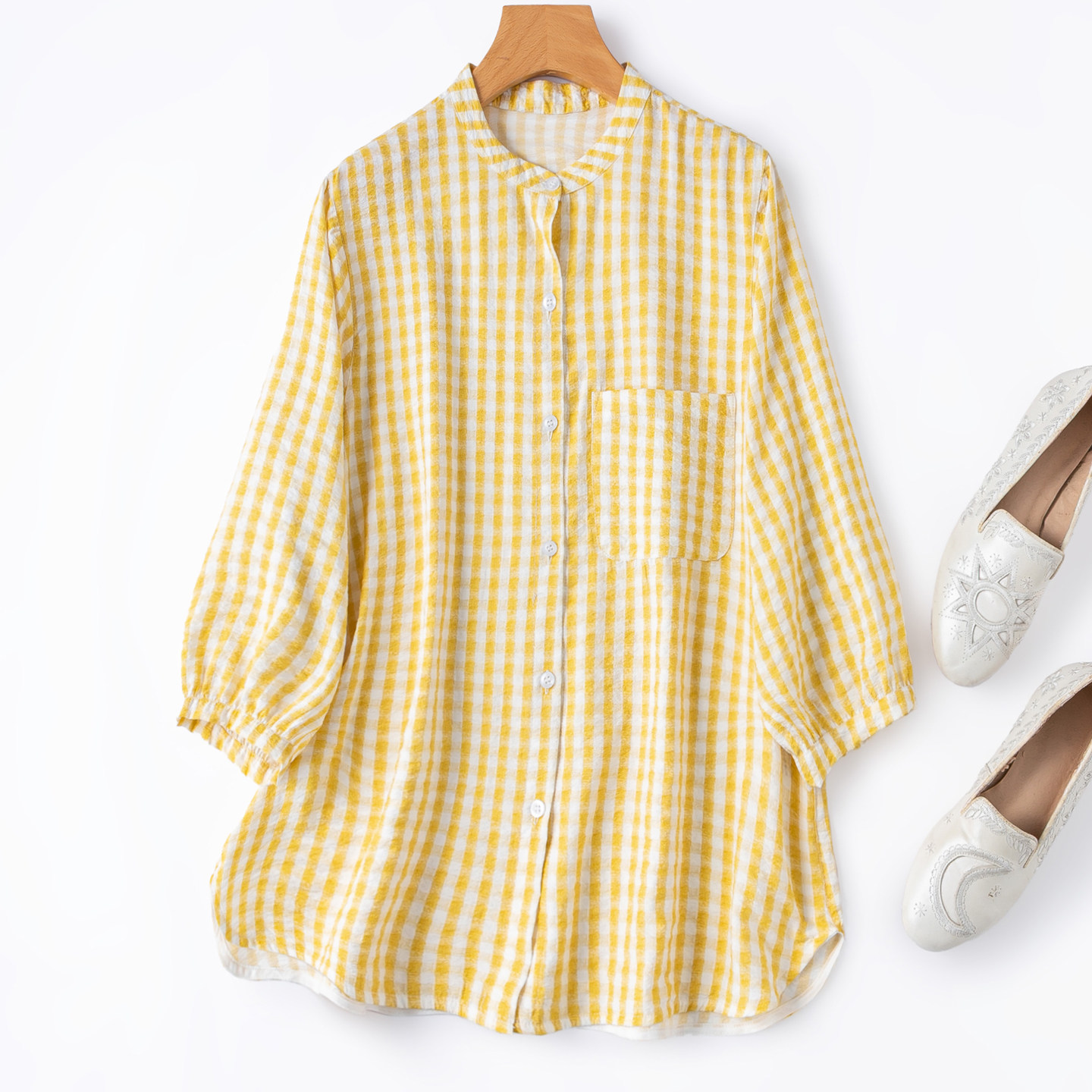 明亮少女感！清爽干丝真丝黄白格纹！七分袖宽松减龄衬衫开衫春夏