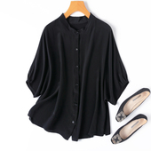 宽松衬衫 经典 真丝双绉立领连肩蝙蝠袖 显瘦 上衣休闲风 黑色