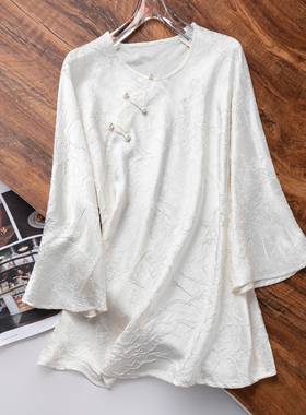 斜裁新中式！中国风桑蚕丝缂丝冠乐缎连肩八分袖真丝衬衫T恤白色