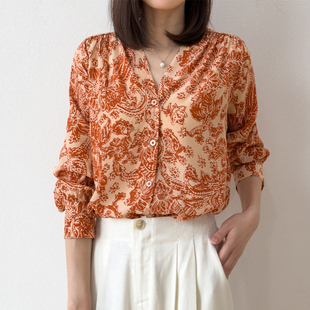 “茱萸太阳花”亲肤凉快真丝双绉衬衫打底衫女单穿V领桑蚕丝衬衣