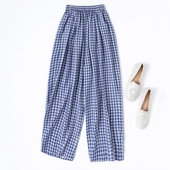 蓝白格dry 桑蚕丝休闲裤 silk干丝长裤 肌理感真丝松紧腰宽松哈伦裤
