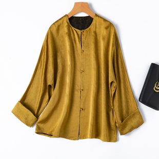 两面！龟裂纹金龟缎香云纱！真丝圆领国风新中式开衫衬衫女桑蚕丝