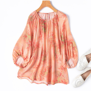 菊粉水墨印花!真丝双绉法式大圆领插肩袖灯笼袖T恤桑蚕丝上衣