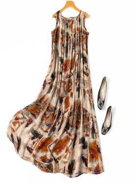 2米大摆！艺术感油画！真丝大圆领无袖宽松长裙连衣裙背心裙度假