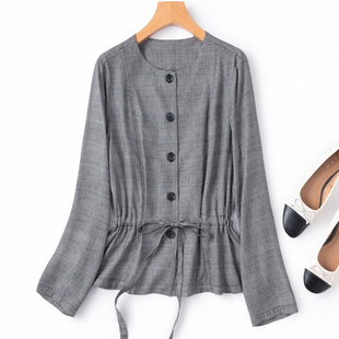 黑白复古真丝开衫 纯绢丝可收腰圆领长袖 上衣 格纹衬衫 桑蚕丝英式