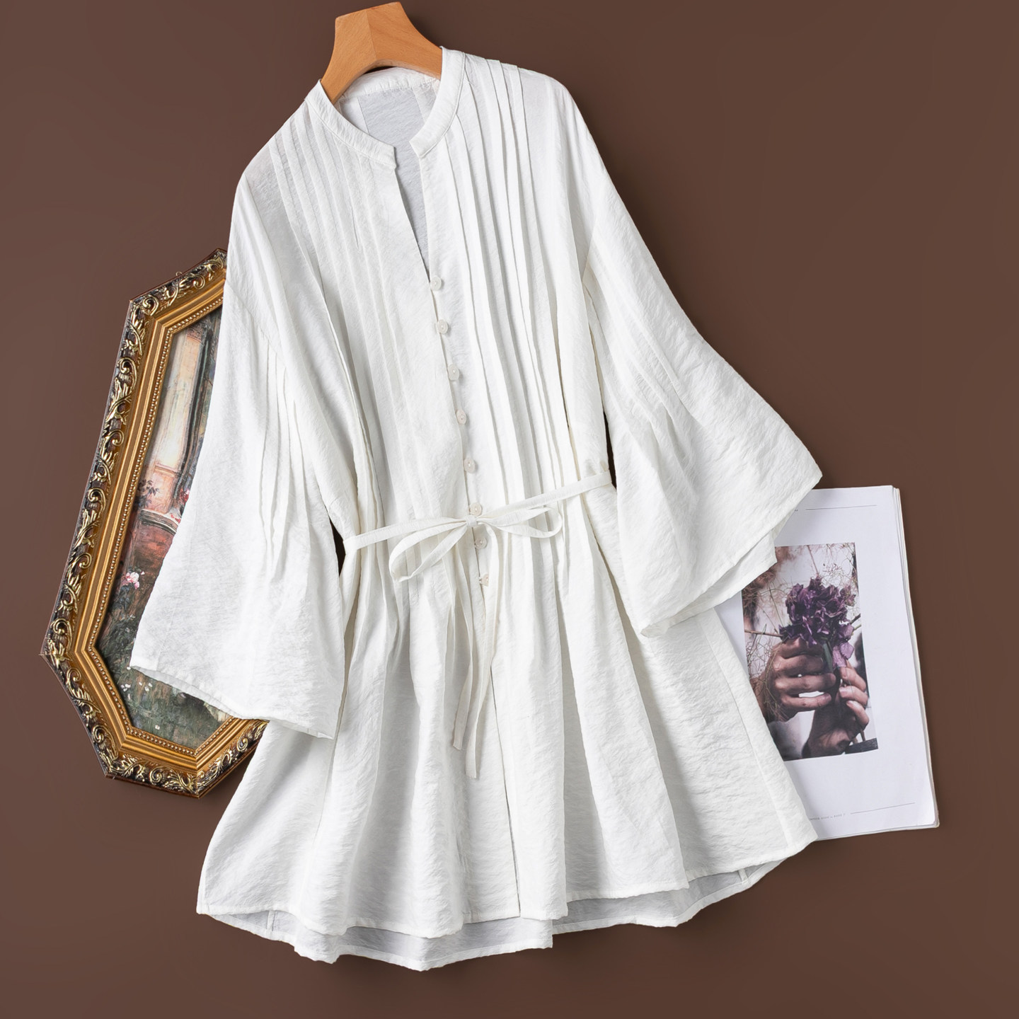 风琴褶白衬衣！干丝真丝！喇叭袖大摆宽松V领桑蚕丝中长款衬衫女